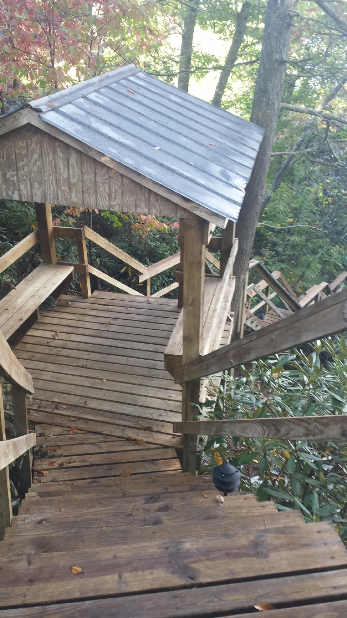 Metal roofed shelter over wooden steps on a wooded walkway — Skylight Repair & Installation work by our crew in Grand Mound